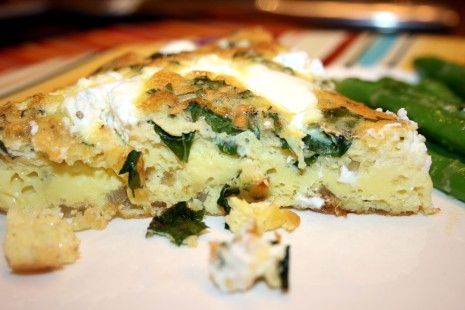 Close up of a piece of the Onion and Goat Cheese Frittata